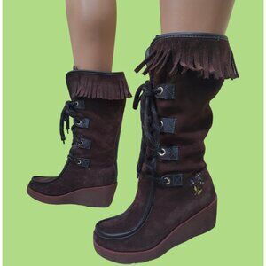 Y2K Tommy Hilfiger Fringed Boho Boots Size 6 Embroidered Lace Up Wedge Heels